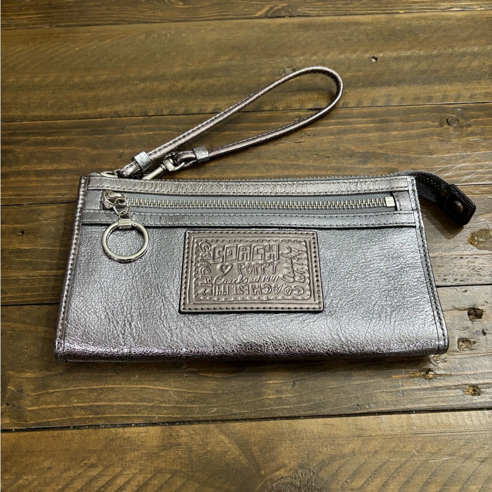 Coach Poppy Metallic Silver Wristlet